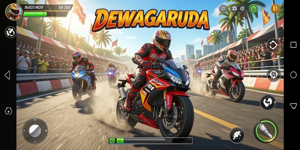 Screenshot gameplay DEWAGARUDA dengan aksi balapan yang menegangkan.