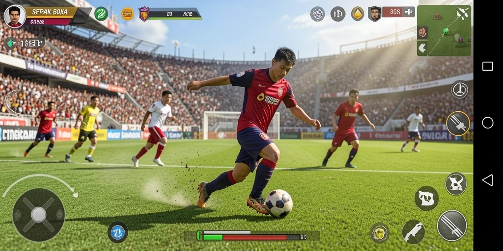 Screenshot gameplay F08 menampilkan aksi sepak bola yang mendebarkan.