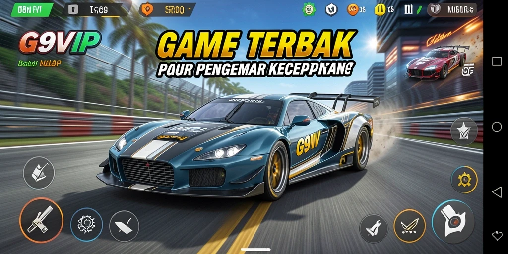Screenshot utama G9VIP menampilkan aksi balap mendebarkan dengan mobil cepat.