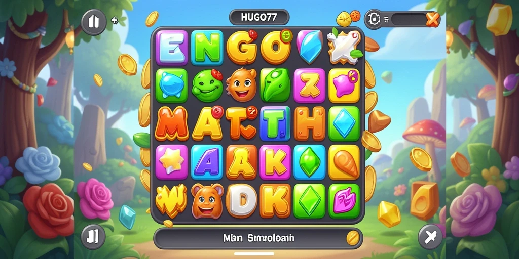 Screenshot HUGO77 menampilkan gameplay Match-3 yang menarik.
