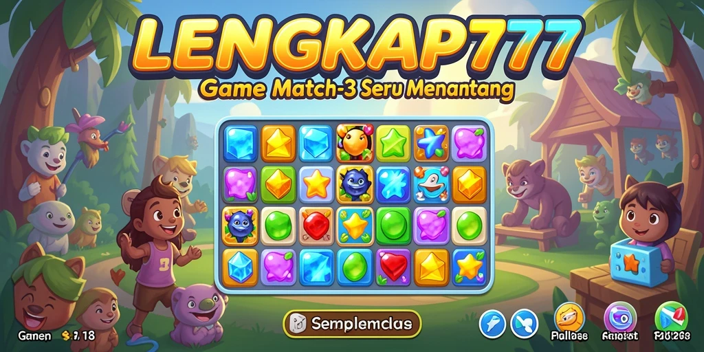 Tangkapan layar utama gameplay LENGKAP777 yang menunjukkan keseruan permainan Match-3.
