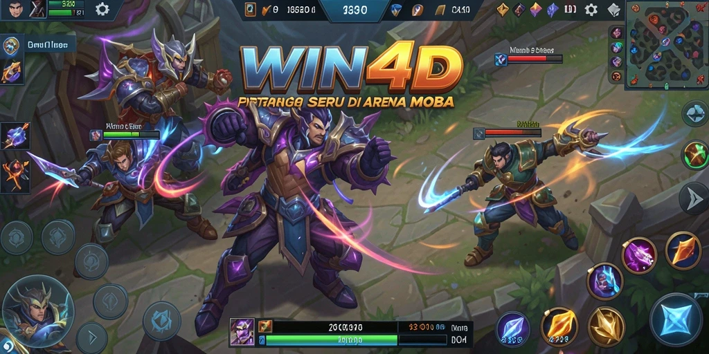 Tampilan tangkapan layar gameplay <strong>WIN4D</strong> dengan karakter bertarung di arena.